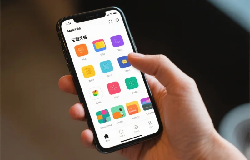 用户正在手机App内选择不同的主题风格，界面显示多种色彩与布局选项，氛围轻松